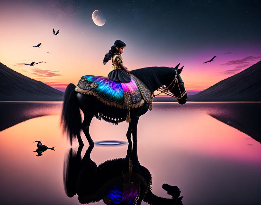 Person in decorative outfit riding horse by reflective water at dusk with birds and crescent moon.