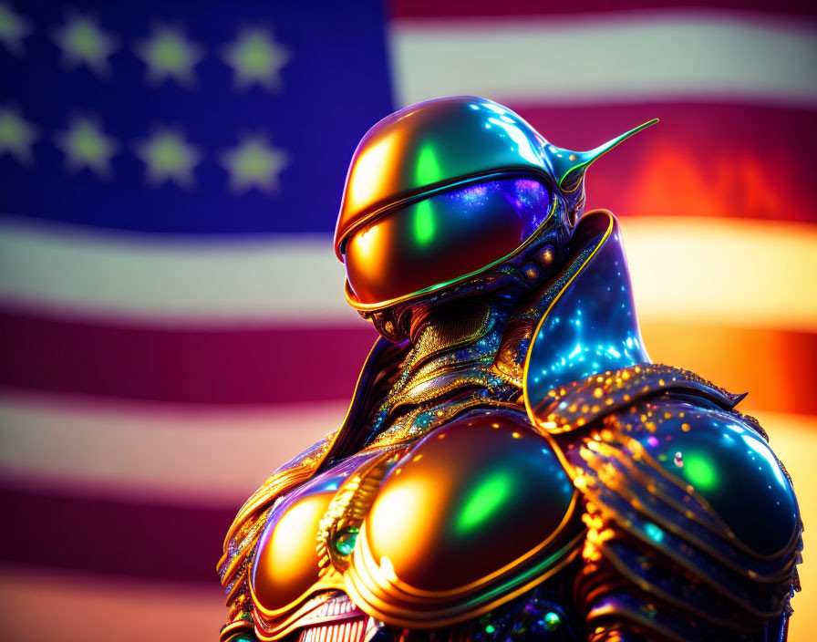 Armored figure in sleek metallic suit with helmet against American flag.