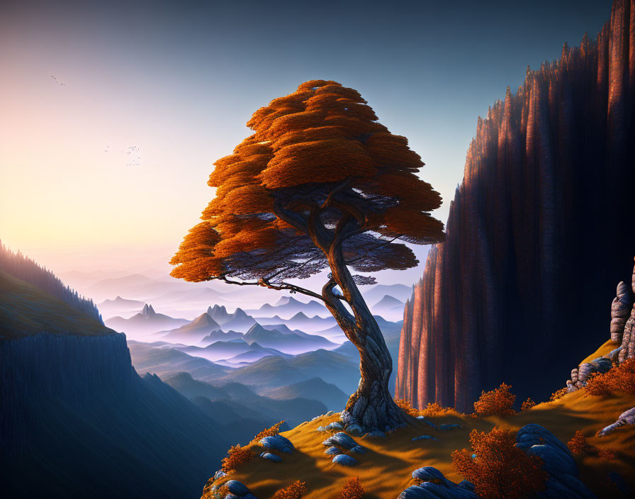 Vibrant orange tree on cliff with misty hills and forest under sky