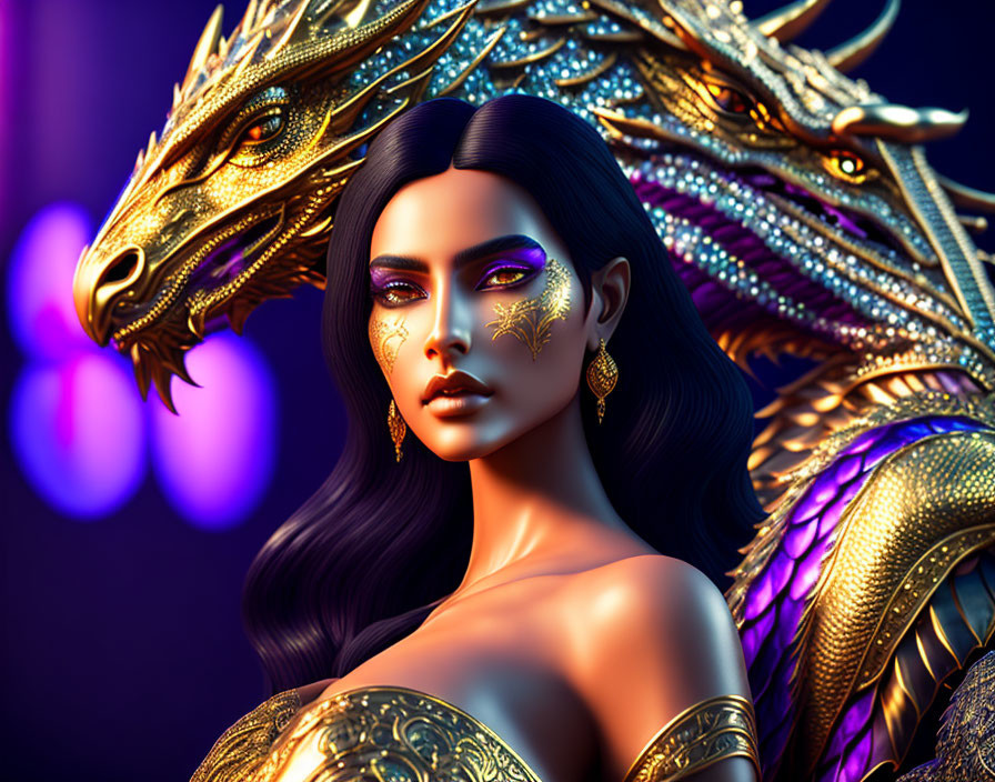 Digital Artwork: Woman with Gold Makeup & Majestic Golden Dragon in Purple-lit Setting