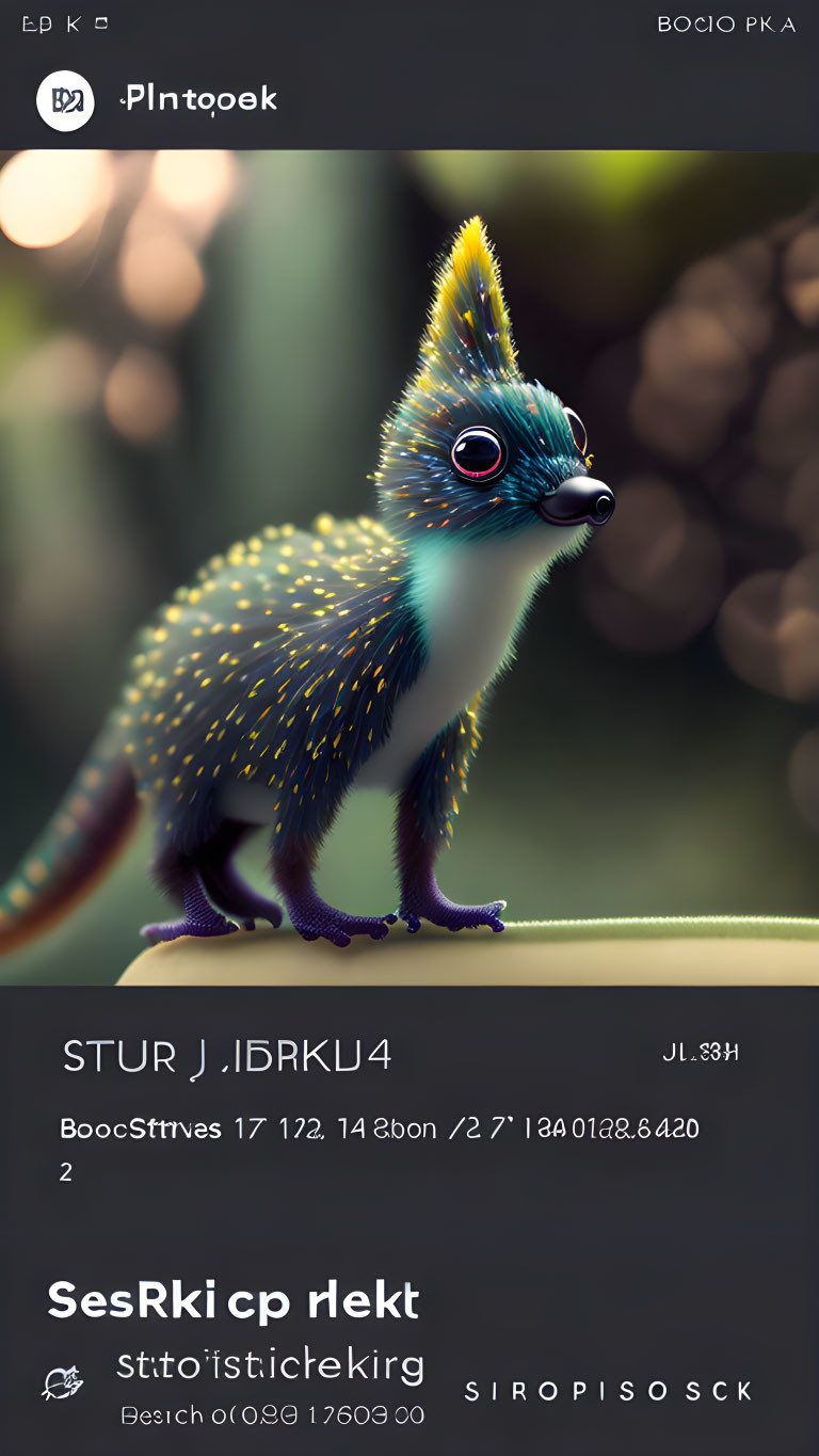 Blue-eyed digital fox creature with glowing spots on branch.