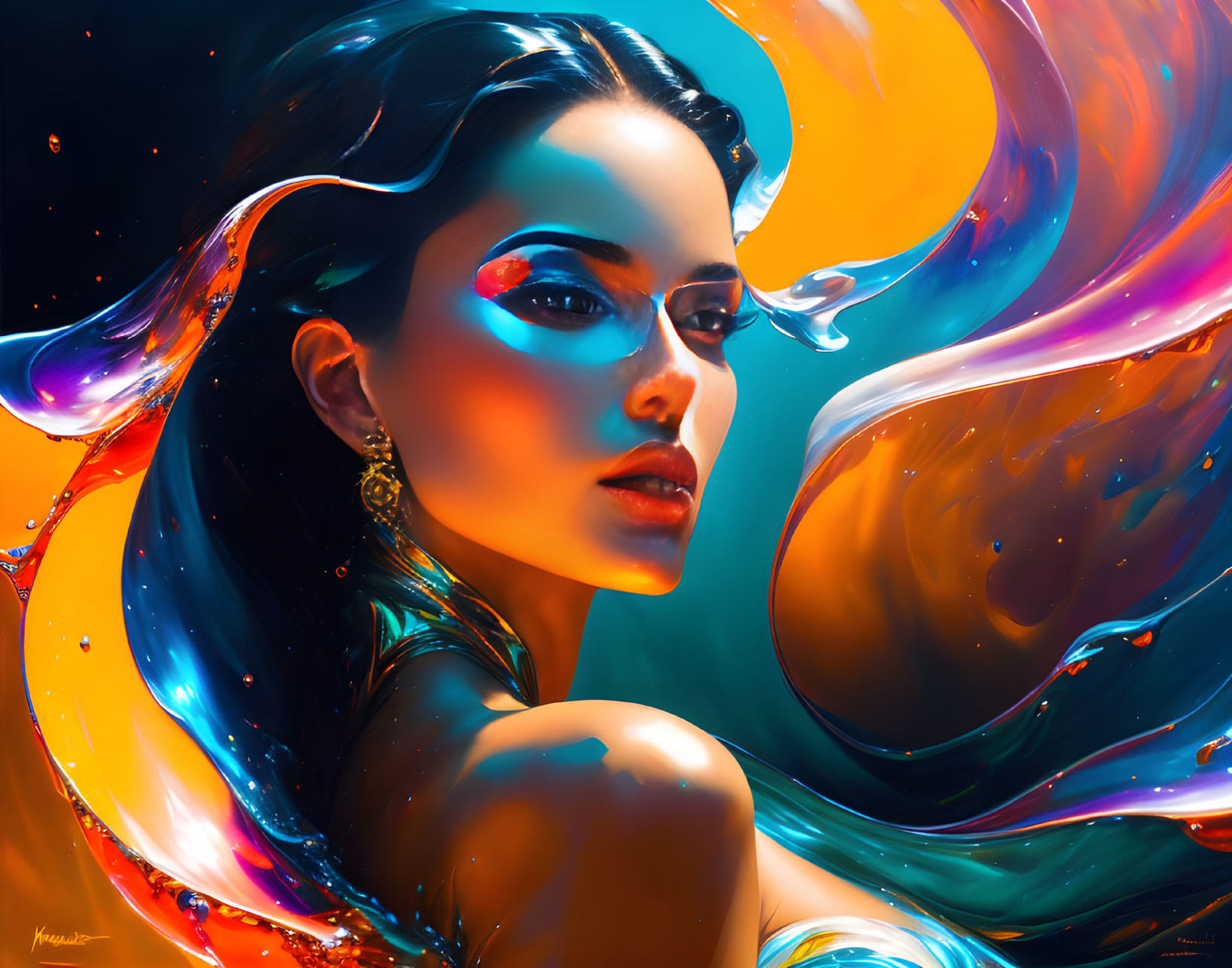 Colorful digital artwork: Woman immersed in swirling liquid textures