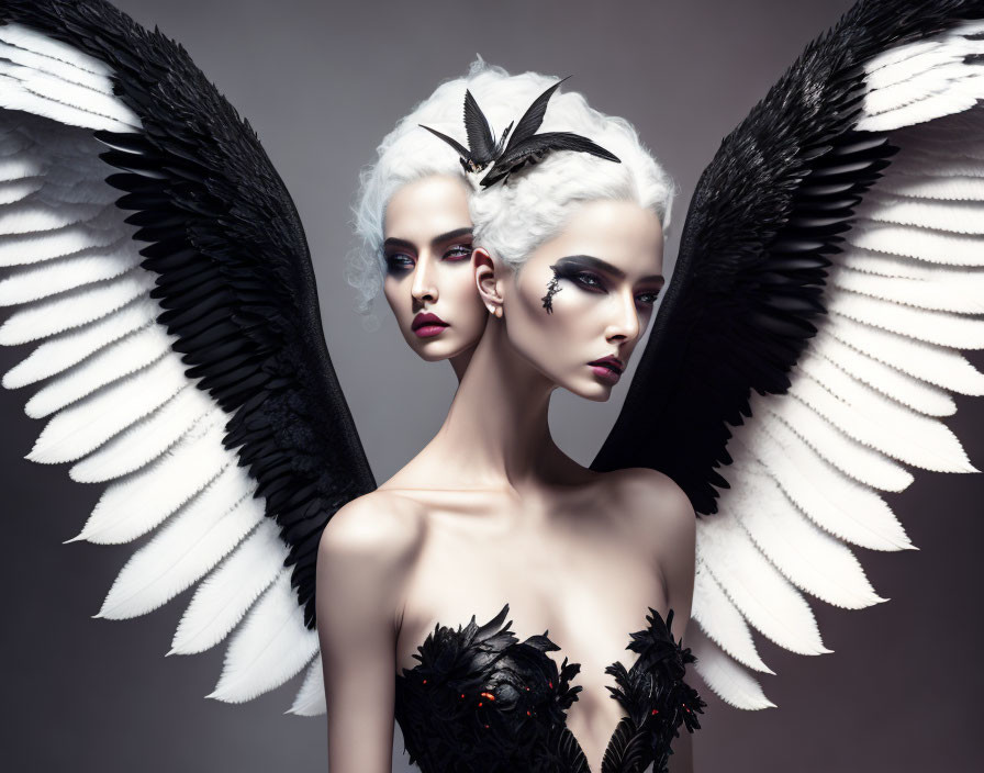 Models in dark, avian-themed attire with black and white wings