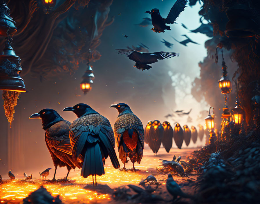 Mystical scene with crows, lanterns, and golden light in ornate setting