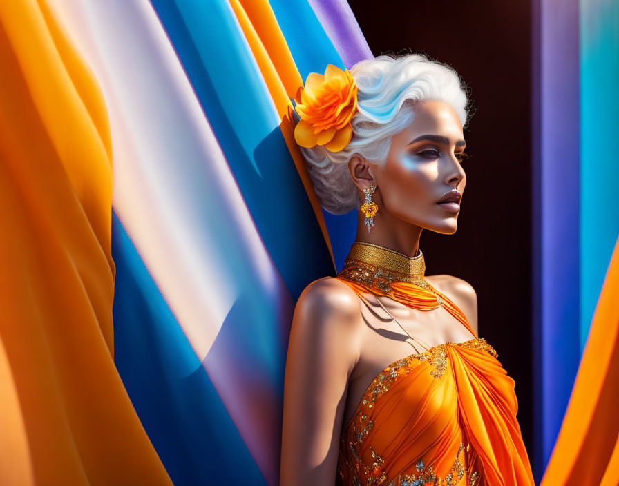 Vibrant digital art portrait of woman in blue hair and orange attire against colorful backdrop