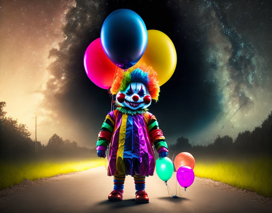 Colorful Clown with Balloons on Dark Road under Starry Sky