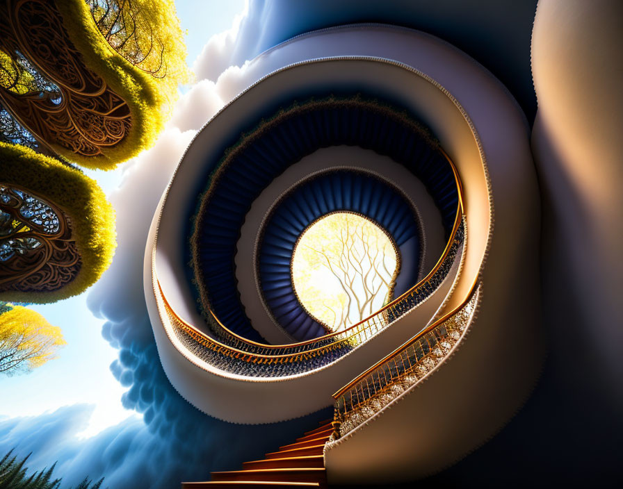 Surreal spiral staircase with clouds, tree, and floating islands in blue sky