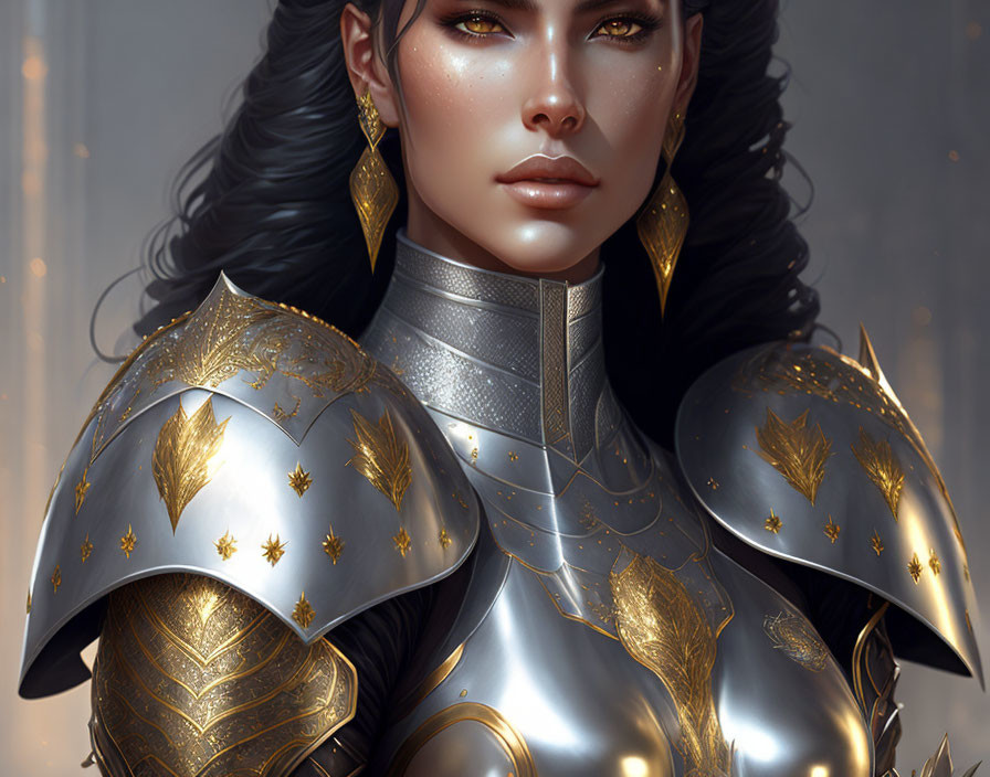 Detailed illustration: Woman in ornate golden armor with leaf motif shoulder plates