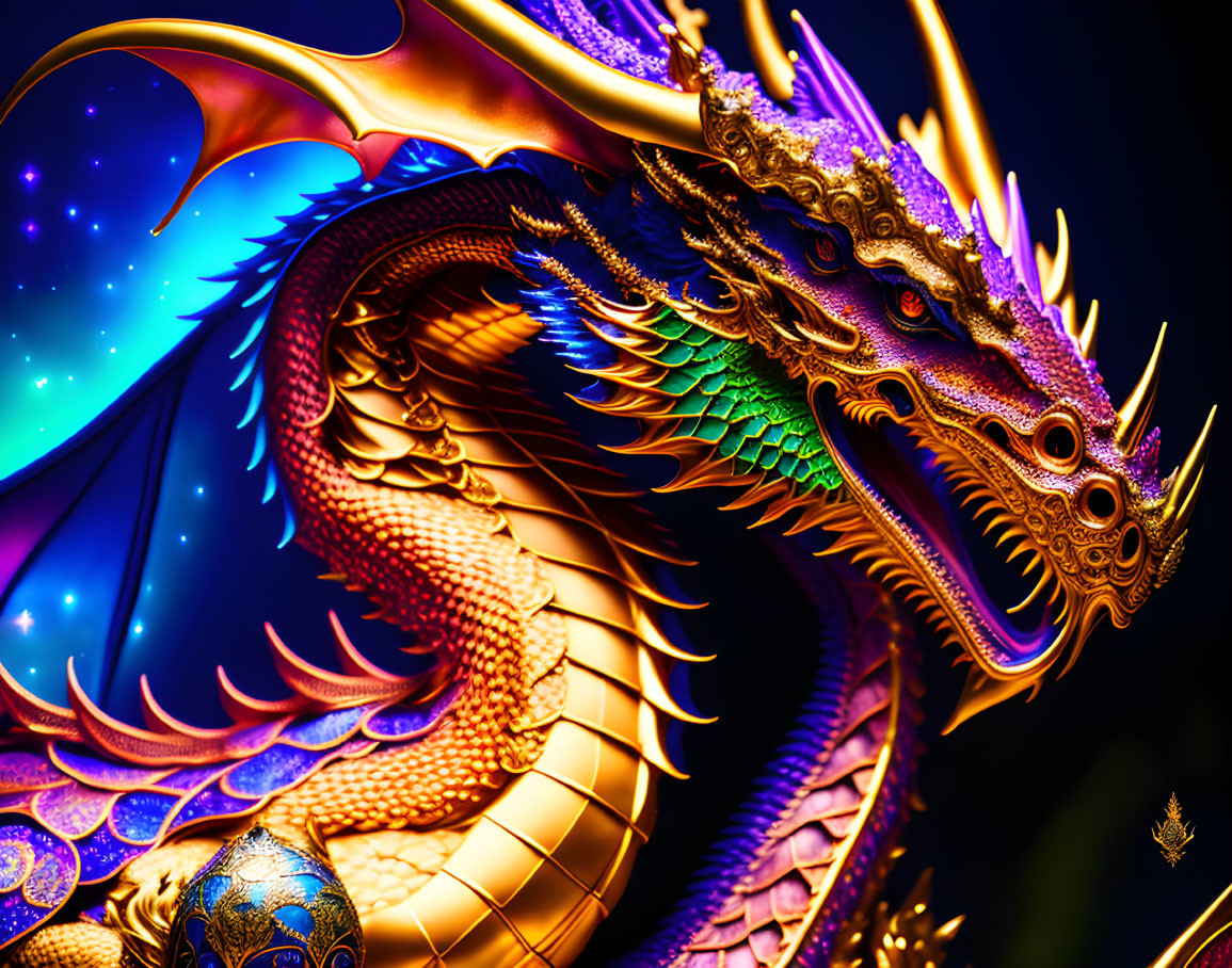 Golden dragon digital illustration under starry night sky with blue and purple hues