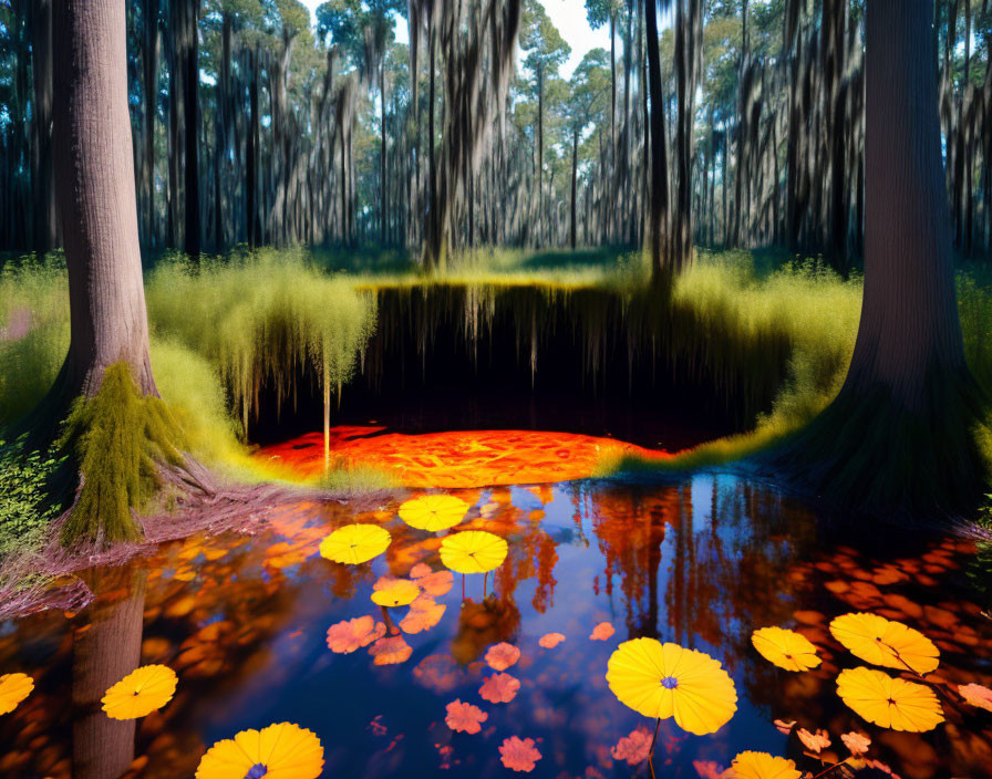 Tranquil pond scene with yellow lily pads, moss-covered trees, and vibrant red and blue