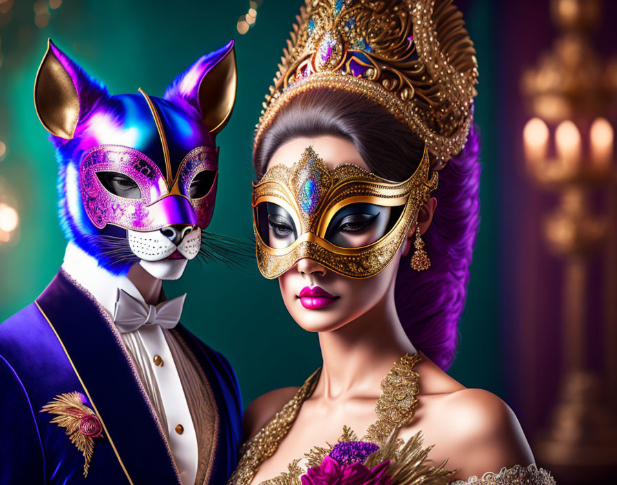 Illustration of couple in animal masks at elegant masquerade ball