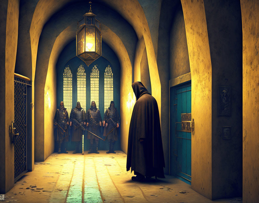 Cloaked figure faces guards in medieval corridor with lantern, blue door, and stained glass windows