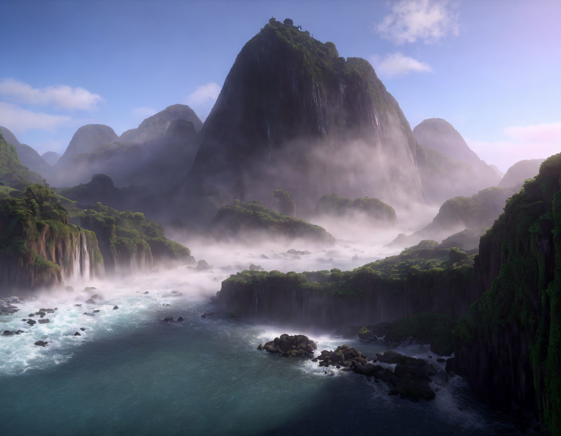 Mystical landscape with misty waterfalls and serene turquoise sea