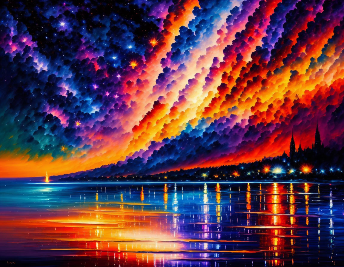 Colorful painting of fiery sky over calm water