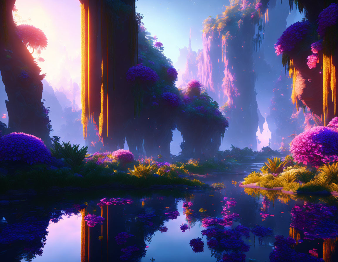 Mystical landscape with luminous flora and rock formations in purple and pink glow