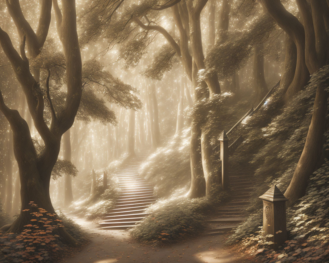 Misty forest scene with staircase and lantern in sunlight