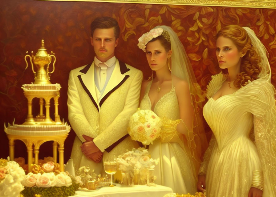 Luxurious vintage wedding scene with groom, two women in elegant gowns, golden trophy, and cake