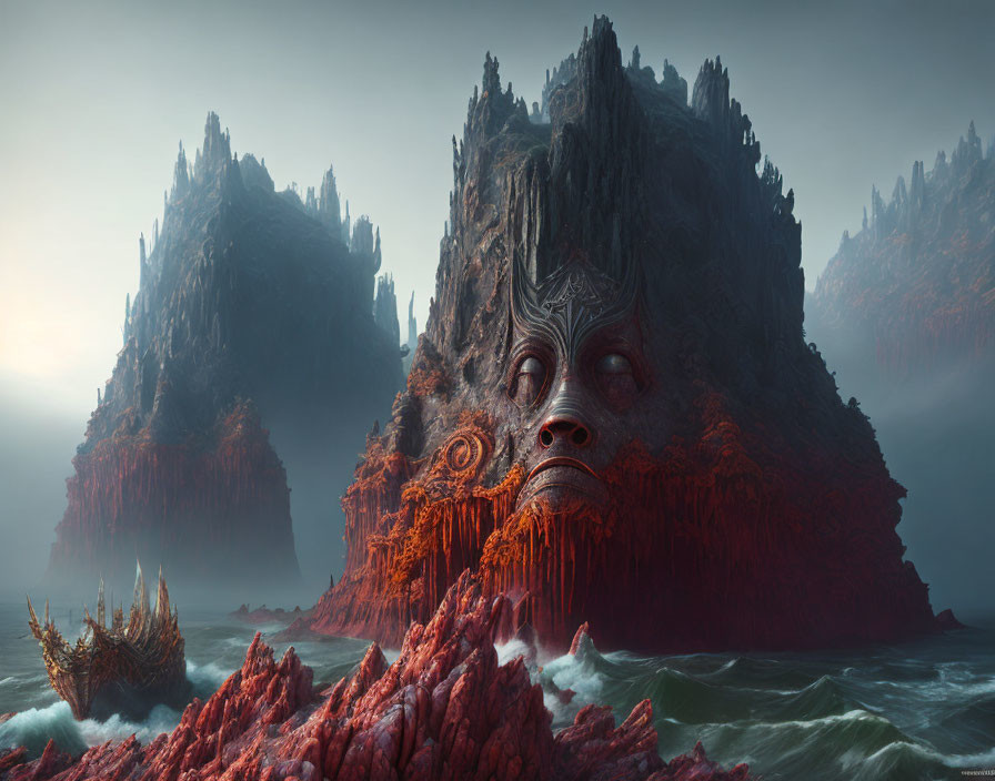 Surreal landscape: giant rocky face in turbulent sea surrounded by misty peaks