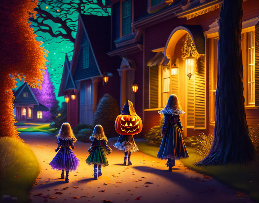 Three children in witch costumes trick-or-treating on a Halloween-decorated street at twilight