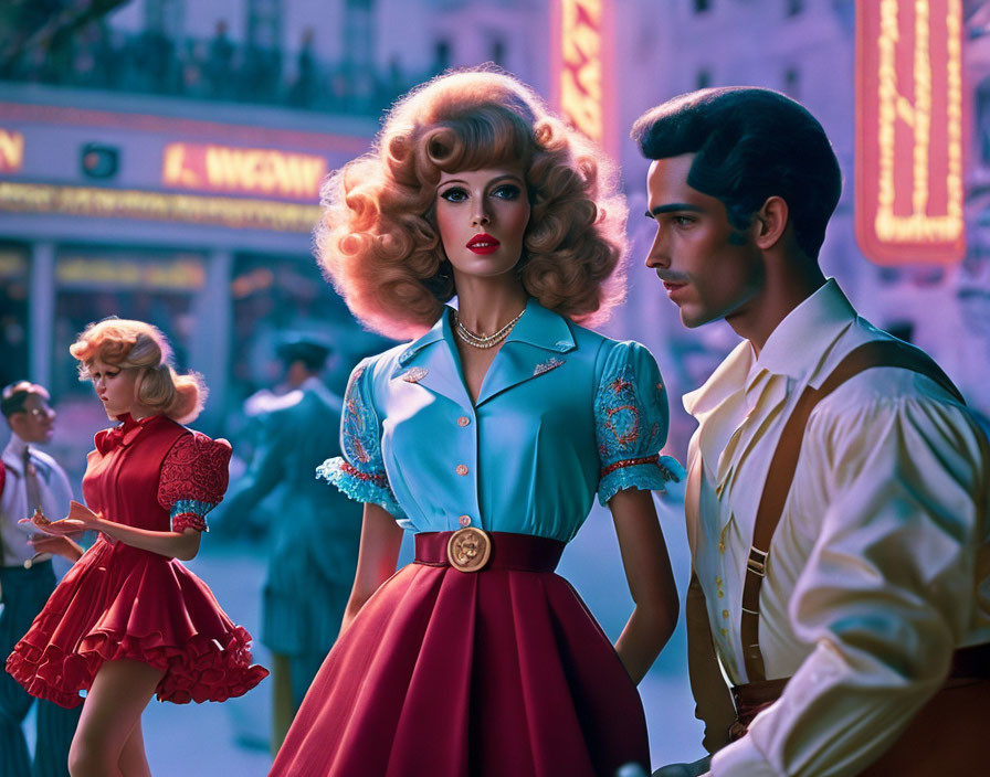 Vintage 1950s fashion mannequins in city scene at dusk