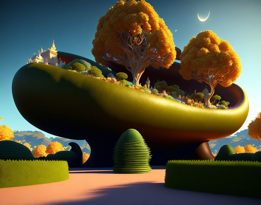 Fantasy landscape with floating food-shaped islands, castle, and crescent moon under sunset sky