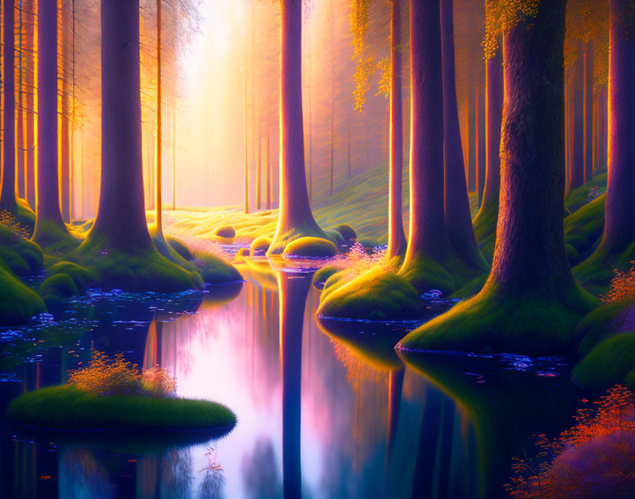 Vibrant mystical forest with sunbeams, reflective water, and moss-covered ground