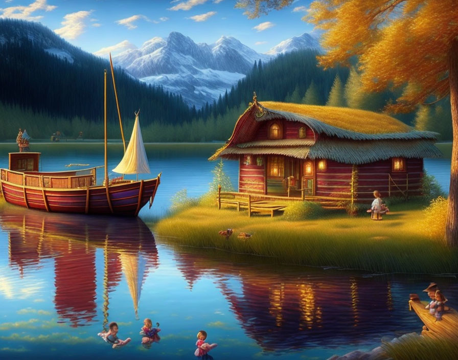 Tranquil lakeside scene with cabin, sailboat, and children playing by water