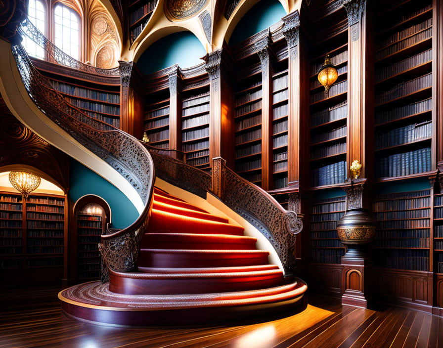 Luxurious library with spiral staircase, wooden bookshelves, and ambient lighting