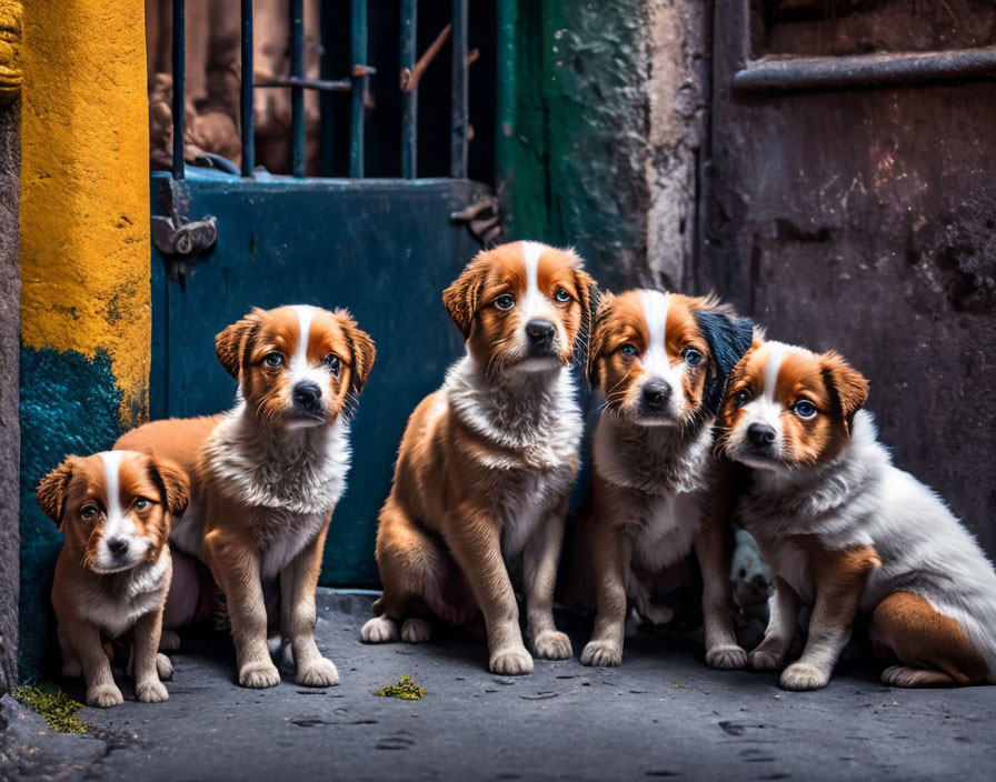 Five brown and white fur puppies on pavement with rustic wall background