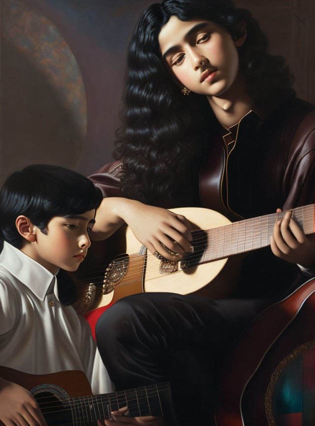 Woman with long black hair plays guitar beside attentive boy