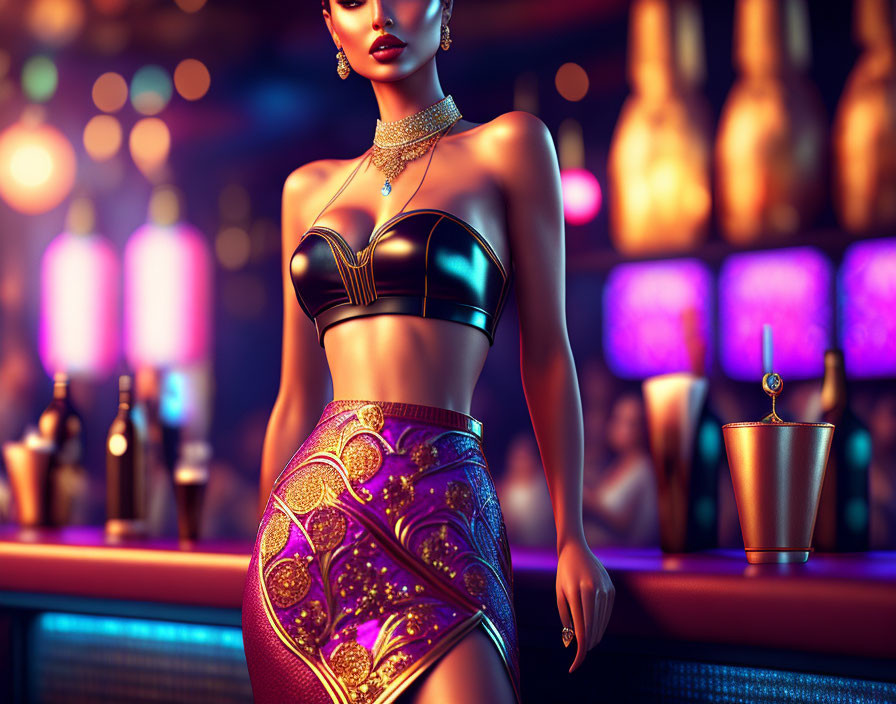 Stylized 3D illustration of woman in black top and purple skirt at bar