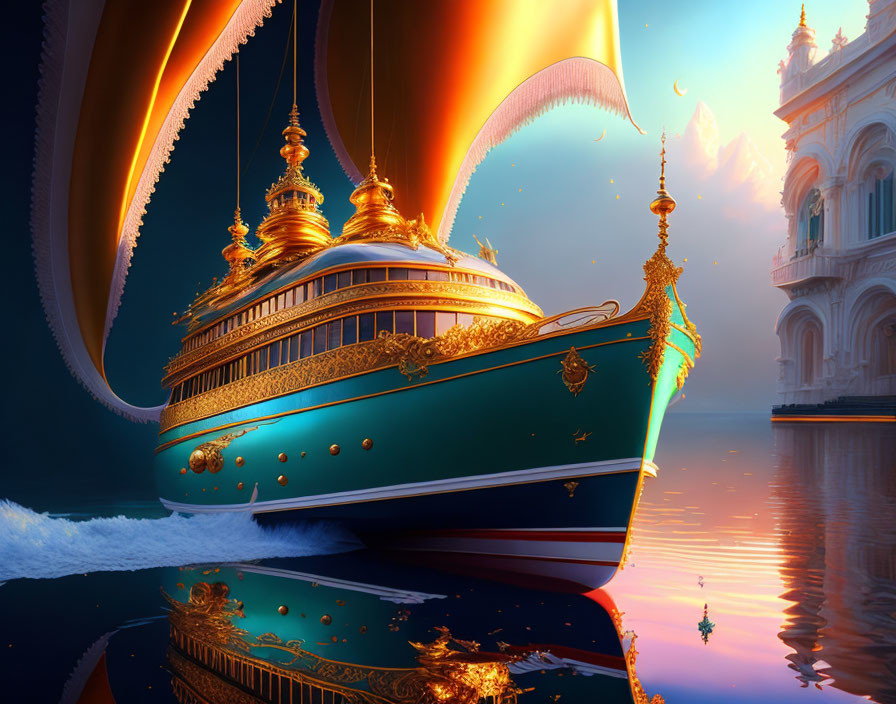 Golden ship with ornate details and sails near majestic palace at sunset