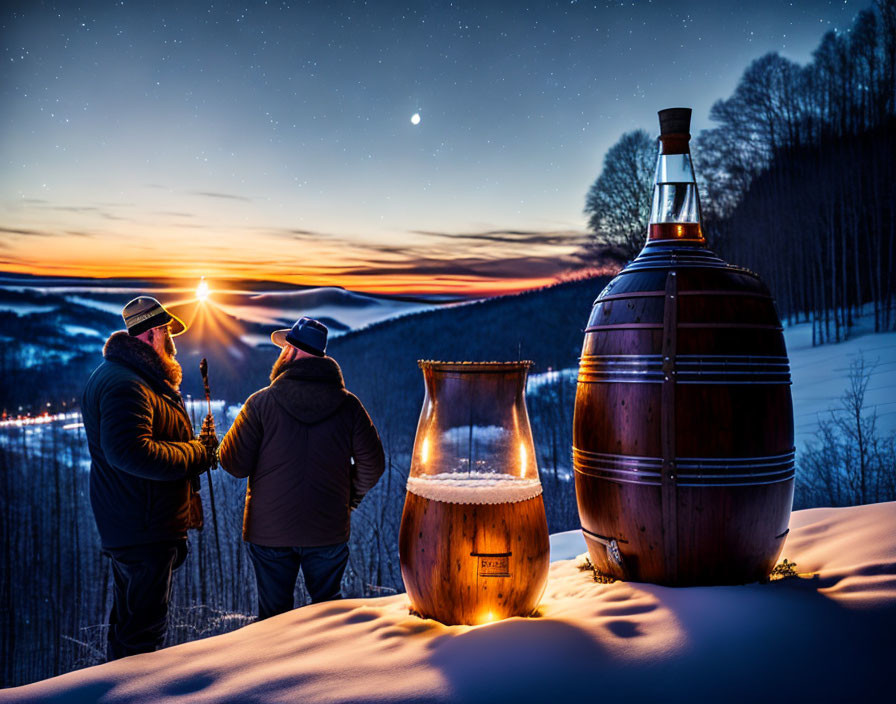 Two individuals in snow at sunset with barrels in forest landscape.