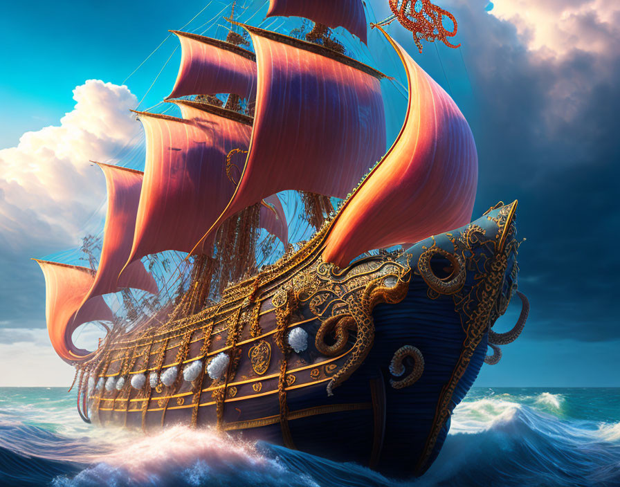 Golden-trimmed ship with red sails navigating stormy seas.