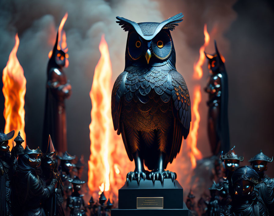 Metal owl sculpture on pedestal with smaller figures and flames.