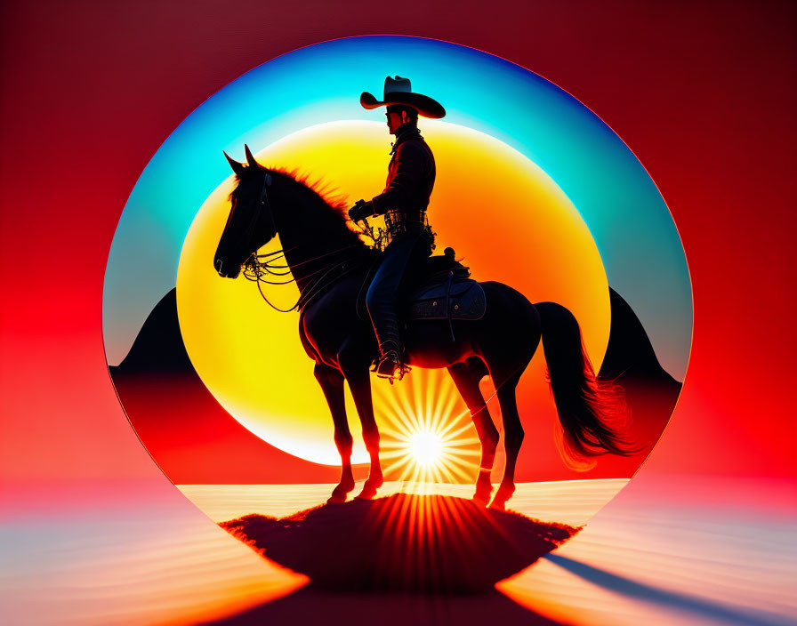 Cowboy silhouette on horseback at vibrant sunset with circular gradient frame