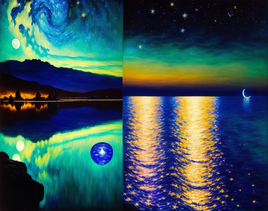 Split-view painting of starry night sky and moonlit sea