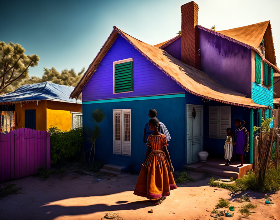 Two women chatting outside colorful house under blue sky