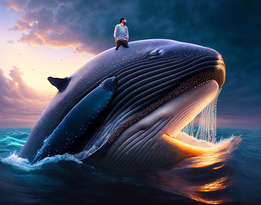 Gigantic whale breaching ocean at sunset