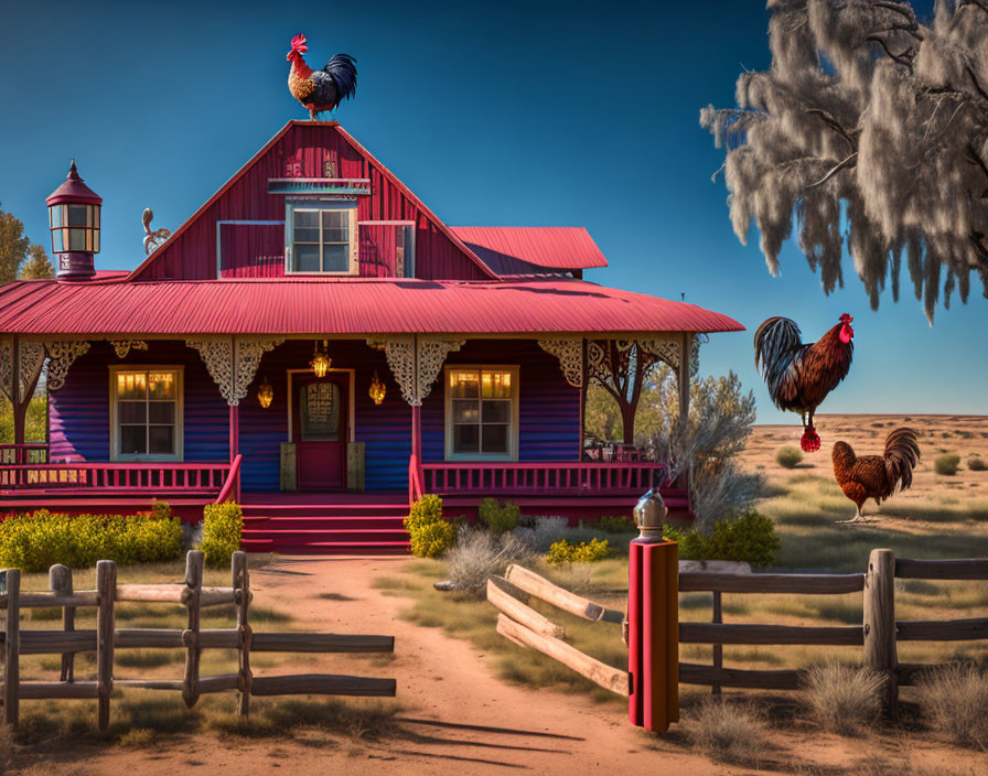 Vibrant red and blue house with roosters in serene desert landscape