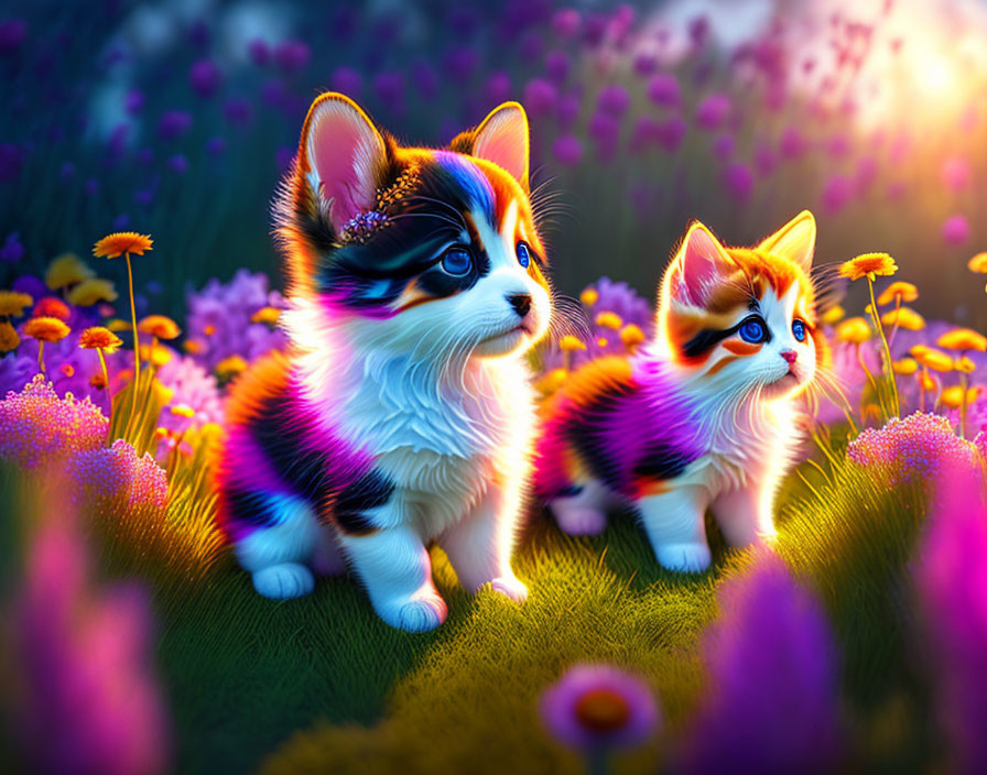 Colorful fantasy-style corgi puppies in vibrant floral meadow at sunset