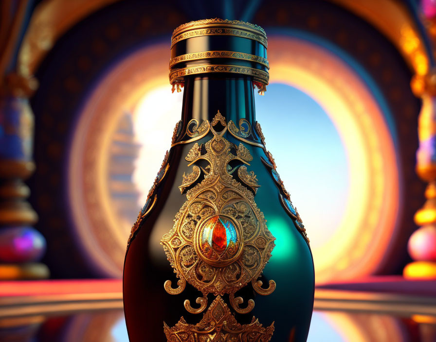 Intricate gold-detailed bottle with gem on luxurious background