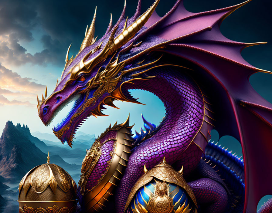 Purple and Gold Dragon on Ornate Golden Domes at Twilight