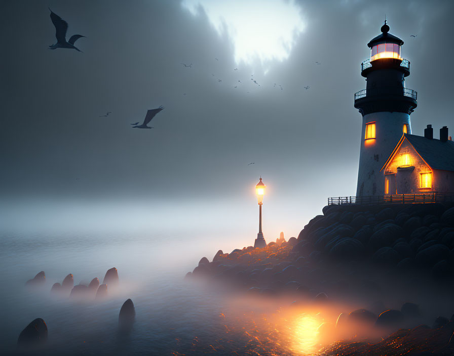 Misty seascape with glowing lighthouse, lamp post, rocks, birds, and dusky sky