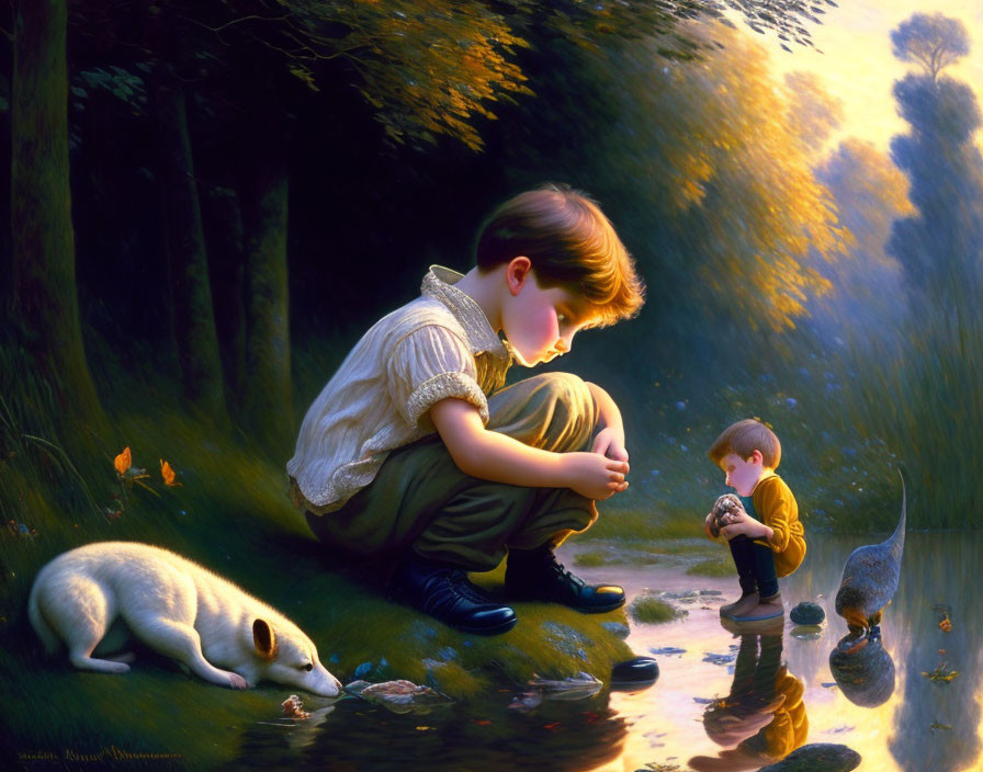 Tranquil forest scene with boys, frog, cat, and ducks