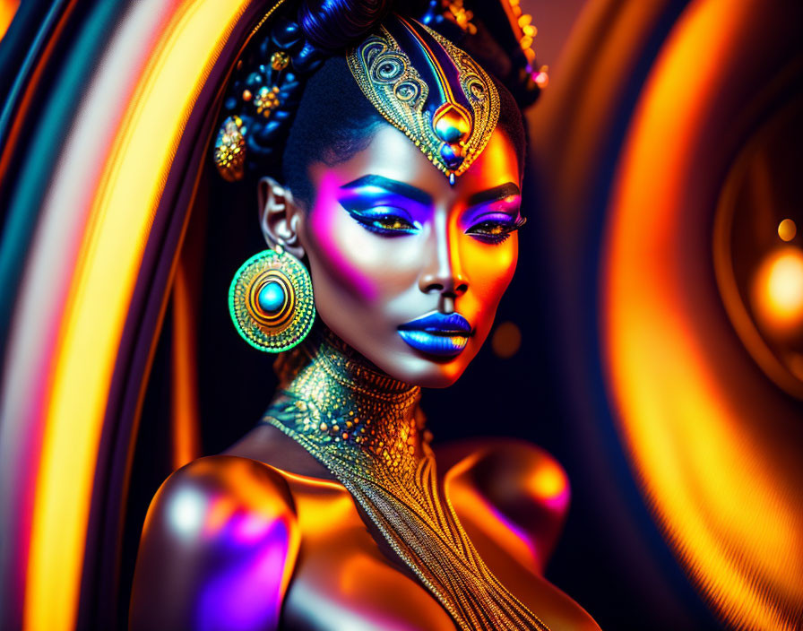 Colorful Woman with Golden Jewelry and Blue Makeup in Dynamic Swirl