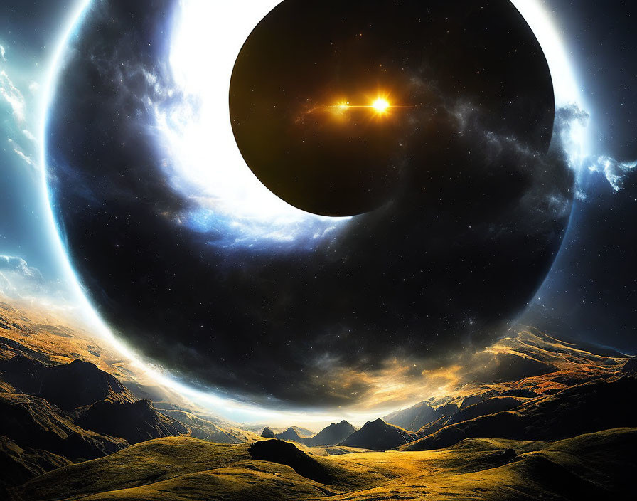 Surreal landscape with glowing hills and eclipsed celestial body