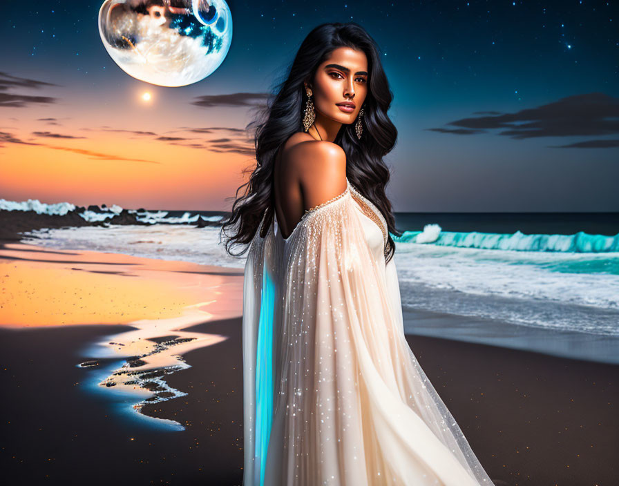 Woman in bejeweled gown on beach at dusk with Earth and moon backdrop