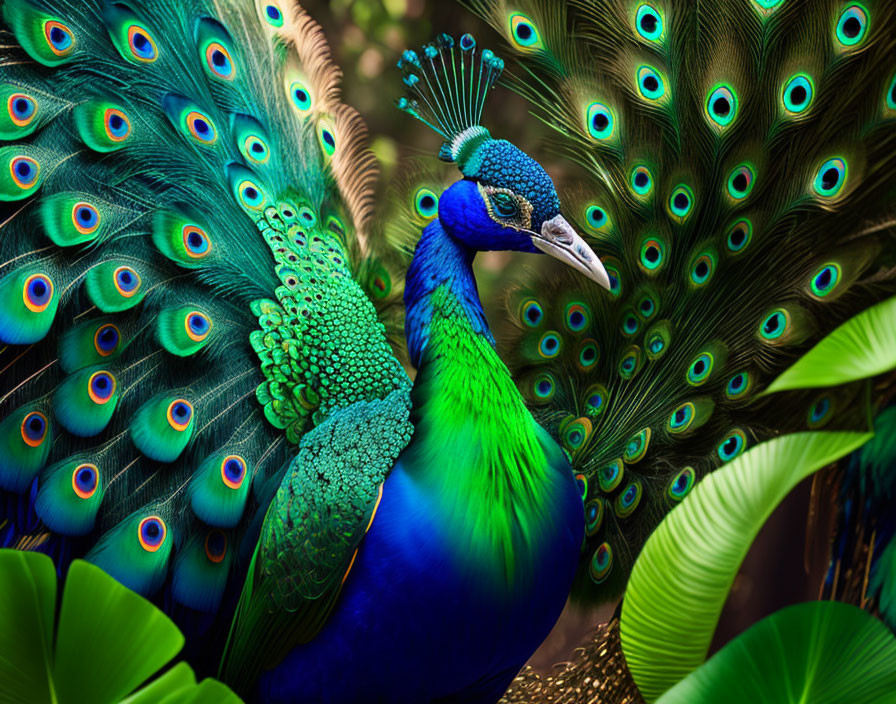 Colorful peacock displaying vibrant blues and greens on lush backdrop