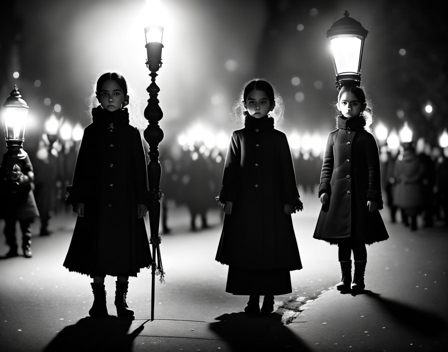 Three girls in coats in misty, lamp-lit alley with eerie shadows